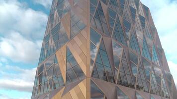 Office building windows and aerial view of skyscraper building. Stock footage. Bronze glass facade high rise building. video