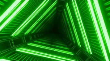 Rotating triangular tunnel with neon lines. Design. Triangular tunnel with neon lines in style of spaceship. Triangular cyber tunnel in spaceship video