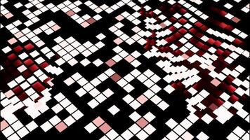 Surface with squares and moving wave distortions. Design. 3D surface of squares and waves. Wave distortions on surface with pixel squares on black background video