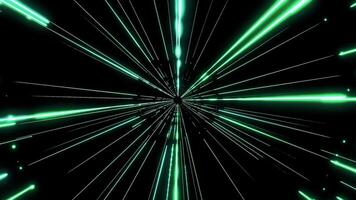 Bright ray tunnel in cyberspace. Design. Bright neon lines move to center on black background. Cosmic tunnel of neon rays video