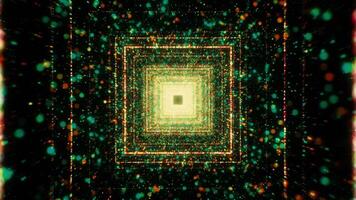 Colorful glowing particles in tunnel flow with squares. Motion. Beautiful flow of colorful particles in square tunnel. Cosmic or virtual tunnel with stream of particles video