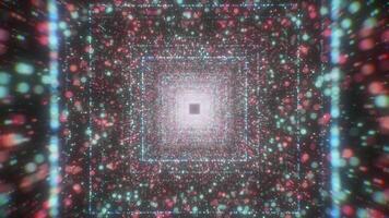 Squared digital tunnel, blurred flying dots, seamless loop. Motion. Flying through 3D glowing tunnel in outer space. video