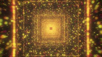 Bright shimmering tunnel with squares. Motion. Beautiful square tunnel with stream of particles on black background. Space tunnel with shiny particles and square lines video
