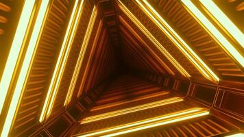 Orange triangular tunnel.Design. A bright abstraction in which a bright corridor with illuminated objects moves forward. video