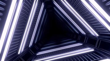 A large triangular dark corridor.Design. Bright illuminated lines with white light in an abstraction in a tunnel that rotates and moves forward video