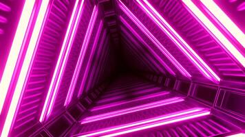 Abstract bending colorful tunnel in sci fi world. Design. Pink neon rotating triangular shapes, seamless loop. video