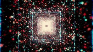 Colorful glowing particles in tunnel flow with squares. Motion. Beautiful flow of colorful particles in square tunnel. Cosmic or virtual tunnel with stream of particles video