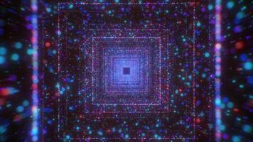 Colorful glowing particles in tunnel flow with squares. Motion. Beautiful flow of colorful particles in square tunnel. Cosmic or virtual tunnel with stream of particles video