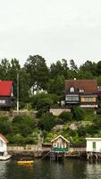 europeo vistoso casas en lago costa. acción. vistoso cabañas con muelles en lago costa. casas y cabañas en verde bosque cerca lago apuntalar video