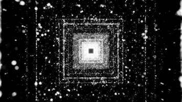 Bright shimmering tunnel with squares. Motion. Beautiful square tunnel with stream of particles on black background. Space tunnel with shiny particles and square lines video