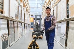 a worker in a hardware store stands in a warehouse photo