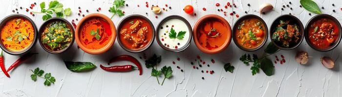 A minimalist, high-key setup with a selection of Thai curries, arranged in a diagonal line, each in a traditional clay pot, set against a crisp, white background, broad empty space photo