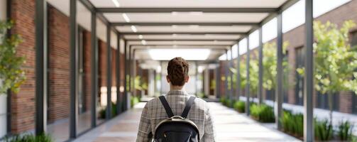 Excited student entering school building, enthusiastic comeback, back to school, editorial photography, copy space for text photo