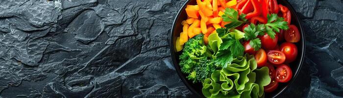A minimalist composition of a bowl of mixed vegetables, vibrant colors against a dark, textured backdrop, panoramic space above for copy. photo
