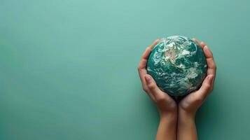 A pair of hands gently holding a small globe against a turquoise background, symbolizing global care and environmental protection. photo