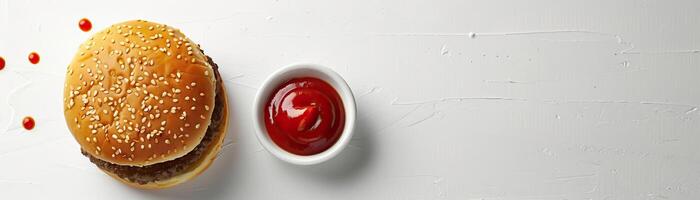 A minimalist, high-key setup with a beef burger beside a small bowl of ketchup, set against a crisp, white background, broad empty space on the right for promotional text. photo