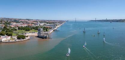 Aerial close up view of the Tower of Belem in Lisbon photo