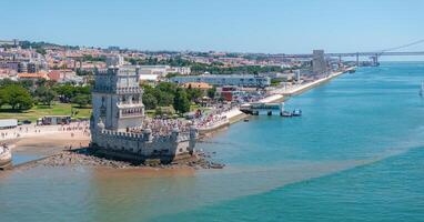 Aerial close up view of the Tower of Belem in Lisbon photo