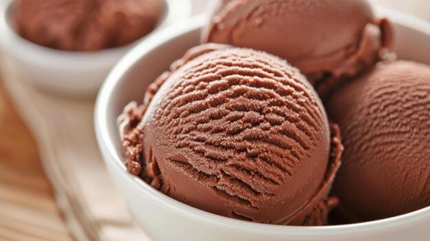 Creamy Chocolate Ice Cream Scoops in a White Bowl on a Rustic Surface photo