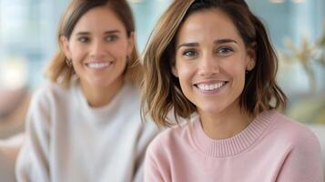 Two Women Engaged in Conversation in a Modern Cafe During Late Morning photo