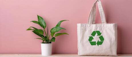 Reusable Bags With Recycle Symbol on Pastel Background photo