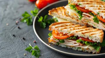 Grilled Vegetable Sandwich Served on a Plate With Fresh Parsley and Cherry Tomatoes photo