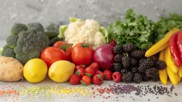 Colorful Array of Fresh Fruits and Vegetables on a White Surface photo