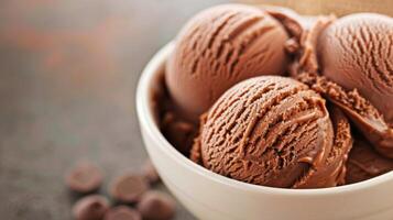 Creamy Chocolate Ice Cream Scoops in a White Bowl on a Rustic Surface photo