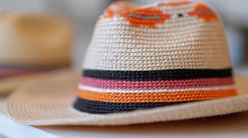 Colorful Woven Hat Displayed on Table in Bright Store Interior photo