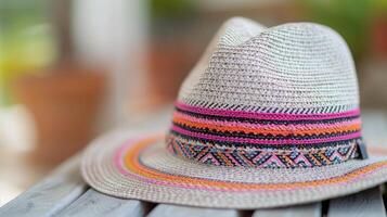 Colorful Woven Hat Displayed on Table in Bright Store Interior photo