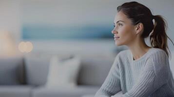 Thoughtful Woman in Cozy Sweater Reflects in Bright Living Room During Daytime photo