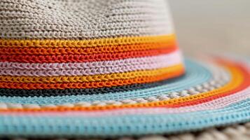 Colorful Woven Hat Displayed on Table in Bright Store Interior photo