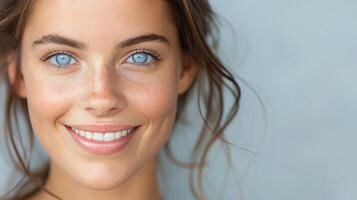 Smiling Woman With Blue Eyes in Soft Natural Light Indoors photo