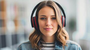 Young Woman Wearing Headphones Smiling in a Modern Workspace photo