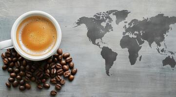 Coffee Cup With World Map Design Surrounded by Coffee Beans on Soft Blue Background photo