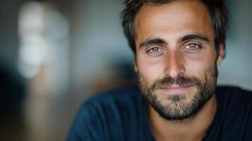 Close-Up Portrait of a Man With Intense Eyes and a Beard in Natural Light photo