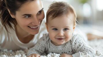 Joyful Mother and Baby Smiling Together on Cozy Floor During Holiday Season photo