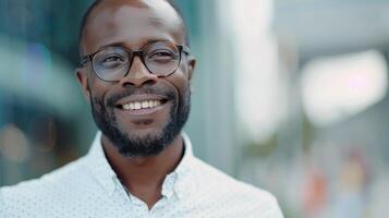Smiling Man Outdoors in Casual Shirt Enjoying a Sunny Day in Urban Setting photo