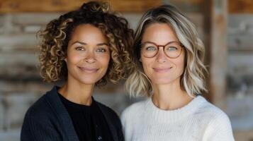 Two Women Smiling Together in a Bright Indoor Space With Autumn Leaves in Background photo