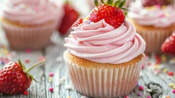 Delicious Strawberry Cupcake Topped With Creamy Frosting and Fresh Berries photo