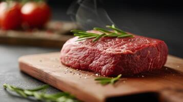 Fresh Cut Beef Steak With Rosemary on Wooden Cutting Board in Kitchen photo