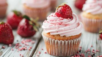 Delicious Strawberry Cupcake Topped With Creamy Frosting and Fresh Berries photo
