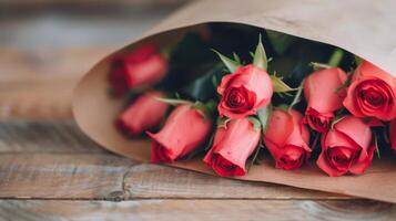 Fresh Red Roses in a Brown Paper Bag on a Soft Blurred Background photo