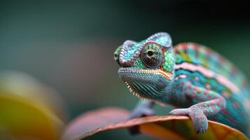 Close-Up of Colorful Chameleon on a Rock in Lush Green Environment photo