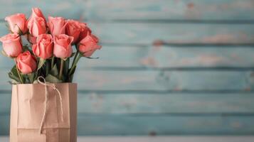 Fresh Red Roses in a Brown Paper Bag on a Soft Blurred Background photo