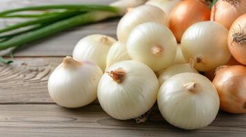 Fresh Onions Collected in a Woven Basket Arranged on Rustic Wooden Table photo