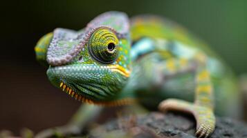 Close-Up of Colorful Chameleon on a Rock in Lush Green Environment photo