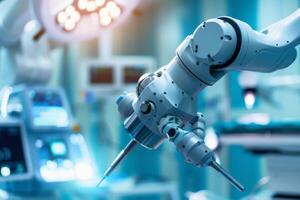 A robotic arm with surgical instruments performing a delicate operation. AI generate photo