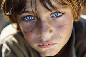Fictitious depiction of a poor little boy looking into the camera. AI generate photo