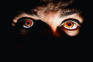 A pair of creepy eyes in the dark looking at you. AI generate photo